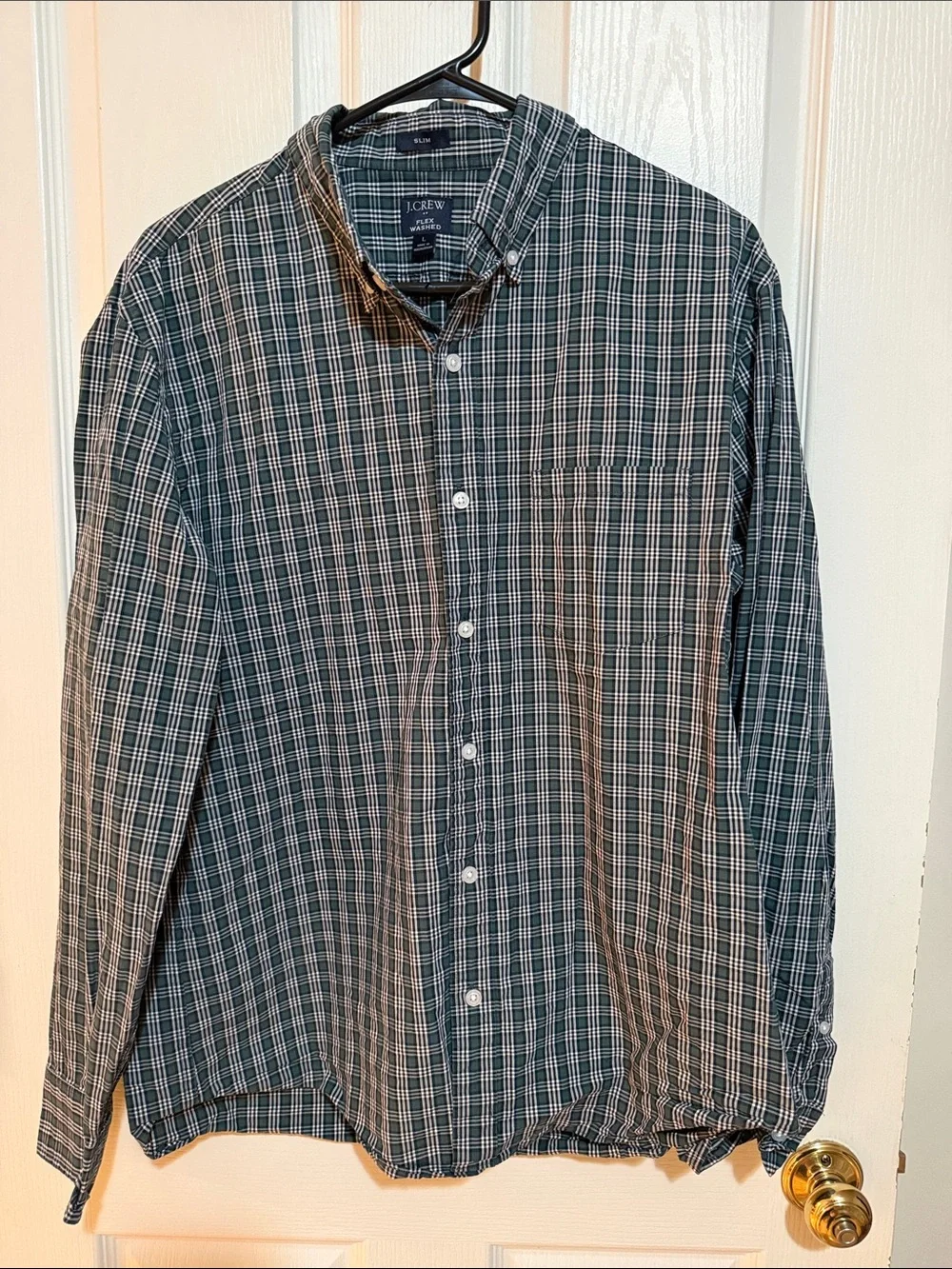 J. Crew Men’s Slim Fit Green and White Plaid Button-Down Shirt